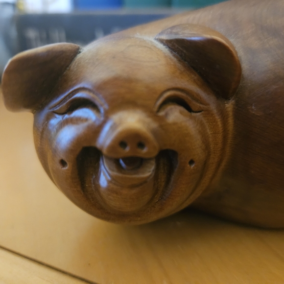 Vintage Japanese Happy Boxwood Carved Pig - Picture 8 of 13